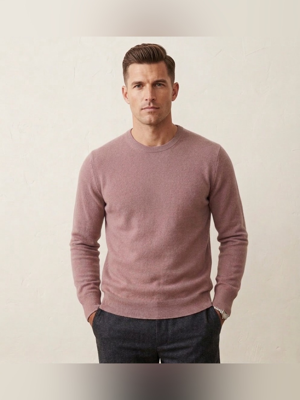 NWT NAADAM Men 100% Cashmere Crew Neck Sweater Long Sleeve Mauve Pink Size L